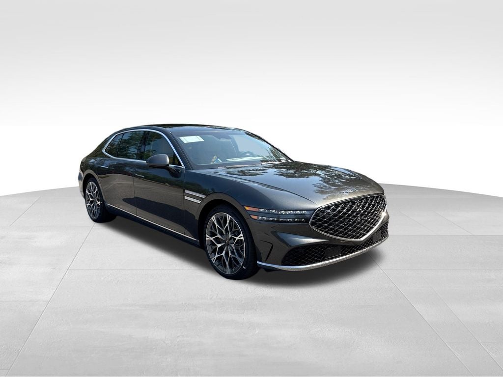 2026 Genesis G90 3.5T e-SC in Makalu Gray — front three-quarter view