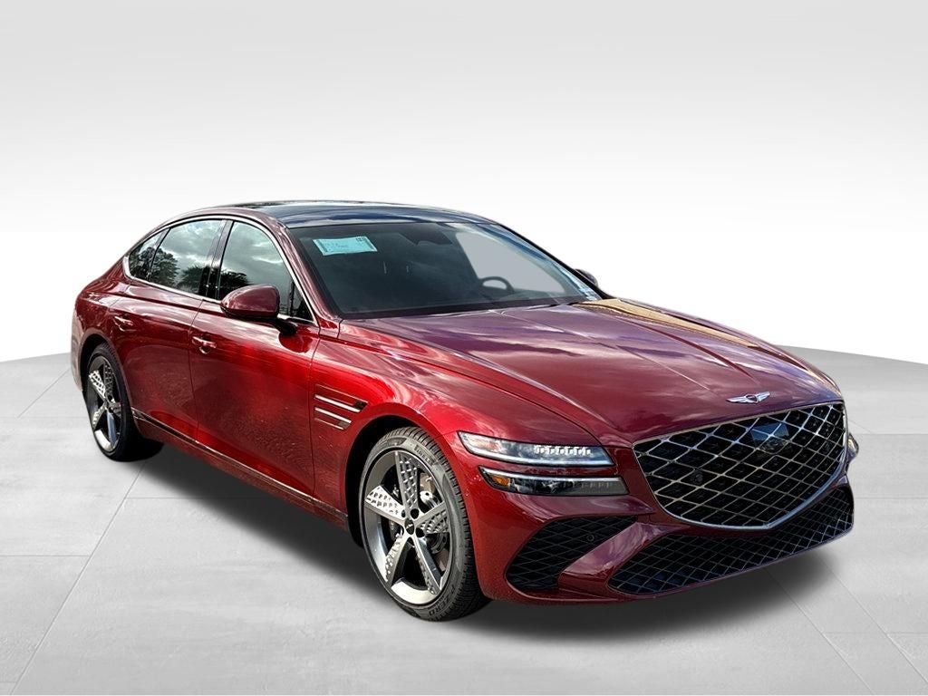 2026 Genesis G80 2.5T Sport Prestige in Cavendish Red — front three-quarter view